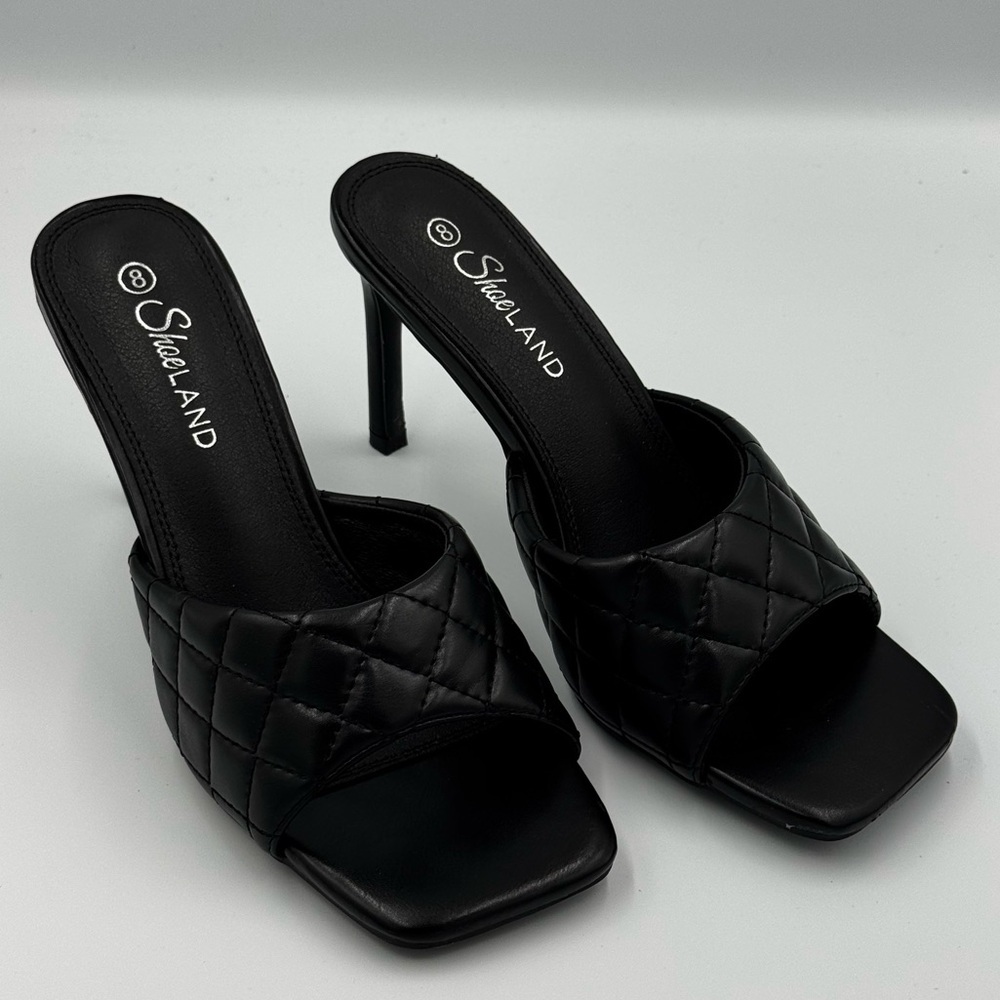 Shoe Land Black Quilted Square Toe Stiletto Heel Mules Slip On Size 8